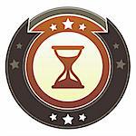 Hourglass, timer, or wait icon on round red and brown imperial vector button with star accents