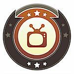 Television, movie, or video icon on round red and brown imperial vector button with star accents