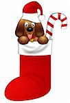 Cute Puppy Dog with Santa Hat in Stocking Isolated on White Background Illustration