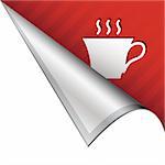 Coffee cup icon on vector peeled corner tab suitable for use in print, on websites, or in advertising materials.