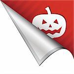 Halloween pumpkin or jack o lantern icon on vector peeled corner tab suitable for use in print, on websites, or in advertising materials.