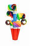 Colorful party blowers arranged on white background