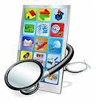 A mobile phone or tablet pc with stethoscope wrapped round it. Health check concept