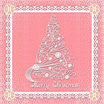 White lace christmas tree on seamless background. Vector holiday card