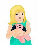 A little girl with a pink     toy dog on a white     background.
