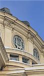 Architectural detail during the winter of the Romanian Athenaeum from Bucharest.Under the roof is the name of Beethoven.