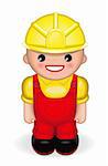 Happy worker, with a helmet on the head, is smiling.