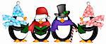 Cute Penguins Singing Carol Christmas Songs with Scarf and Hat Cartoon Illustration