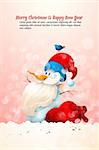Snowman with Santa's Hat with Large Gift Bag and Bird on his Head | Christmas Greeting Background | EPS10 Graphic | Separate Layers Named Accordingly