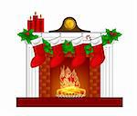 Fireplace Christmas Decoration with Garland Stocking Pillar Candles and Mantel Clock Illustration