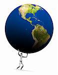 High resolution raytraced 3D render of Earth globe being lifted by a mannequin. This is the Americas version. 3D illustration isolated on white background.