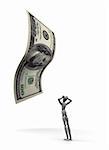 3D render of dumbfounded mannequin standing by a 100 dollar bill. 3D illustration isolated on white background.