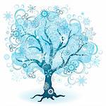 Winter tree with a variety of snowflakes and swirls. Isolated on white background. (Vector)