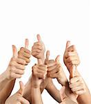 many different hands with thumbs up isolated on white