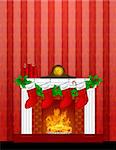 Fireplace Christmas Decoration with Garland Stocking Pillar Candles and Mantel Clock  on Red Wallpaper Background Illustration