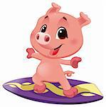 Pig with surf. Funny cartoon and vector sporty isolated character