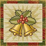 Retro Christmas bells on wooden background. Vector illustration in woodcut style.