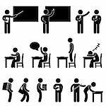A set of human figure and pictogram showing scenarios in a school.