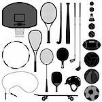 A set of sports equipment and tools.
