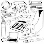 A sketch of doodle drawings representing stationary and office supplies.