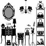A scenario or interior design of a woman's room with accessories in silhouette.