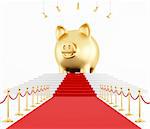 golden piggy bank on the red carpet - rendering