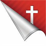 Christian cross icon on vector peeled corner tab suitable for use in print, on websites, or in advertising materials.
