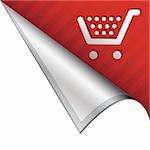 Shopping cart icon on vector peeled corner tab suitable for use in print, on websites, or in advertising materials.