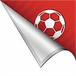 Soccer ball sports icon on vector peeled corner tab suitable for use in print, on websites, or in advertising materials.