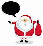 Cartoon Santa with speech bubble holding red bag and pointing left