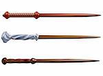 Isolated illustration of three magical wizard wands