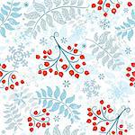 Winter seamless white pattern with berries, leaves and snowflakes (vector)