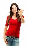 Isolated portrait of a beautiful young happy woman making an ok sign with her fingers