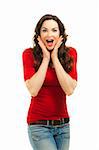 Isolated potrait of a beautiful surprised woman wearing a bright red top.