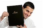 Smiling waiter or businessman holding leatherbound folder.  White background.