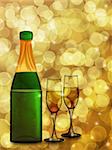 Champagne Bottle with Two Glass Flutes on Blurred Background Illustration