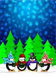 Penguins Carolers Singing Christmas Songs with Snowing Winter Scene Illustration