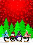 Penguins Carolers Singing Christmas Songs with Snowing Winter Scene Illustration on Red Background