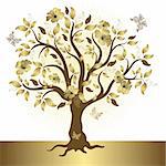 Abstract tree with gold leaves and flowers and butterflies (vector)