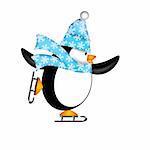 Cute Penguin with Christmas Snowflakes Scarf Ice Skating Illustration Isolated on White Background