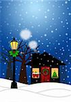 House and Lamp Post with Christmas Decoration in Snowing Winter Scene Landscape Illustration