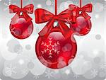 Christmas vector illustration with grey background and red balls with bows
