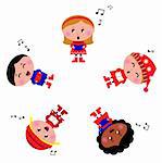 Cute christmas kids singing and caroling. Vector Illustration.