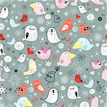 seamless pattern of the fun birds on a gray background with snowflakes