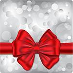 Bokeh background with silver lights and red ribbon. Gift card. Vector illustration