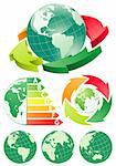 Earth 3D and flat from different angles with energy efficiency arrow, vector illustration