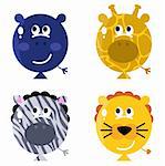 Cute animals faces on ballon - hippo, giraffe, zebra, lion. Vector Illustration