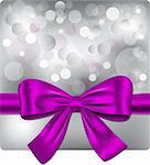 Christmas background with violet ribbon. Gift card. Vector illustration