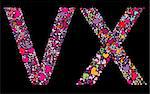 Letter V, X. Valentine alphabet set with heart. Vector font.