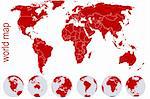 Red world map with Earth globes